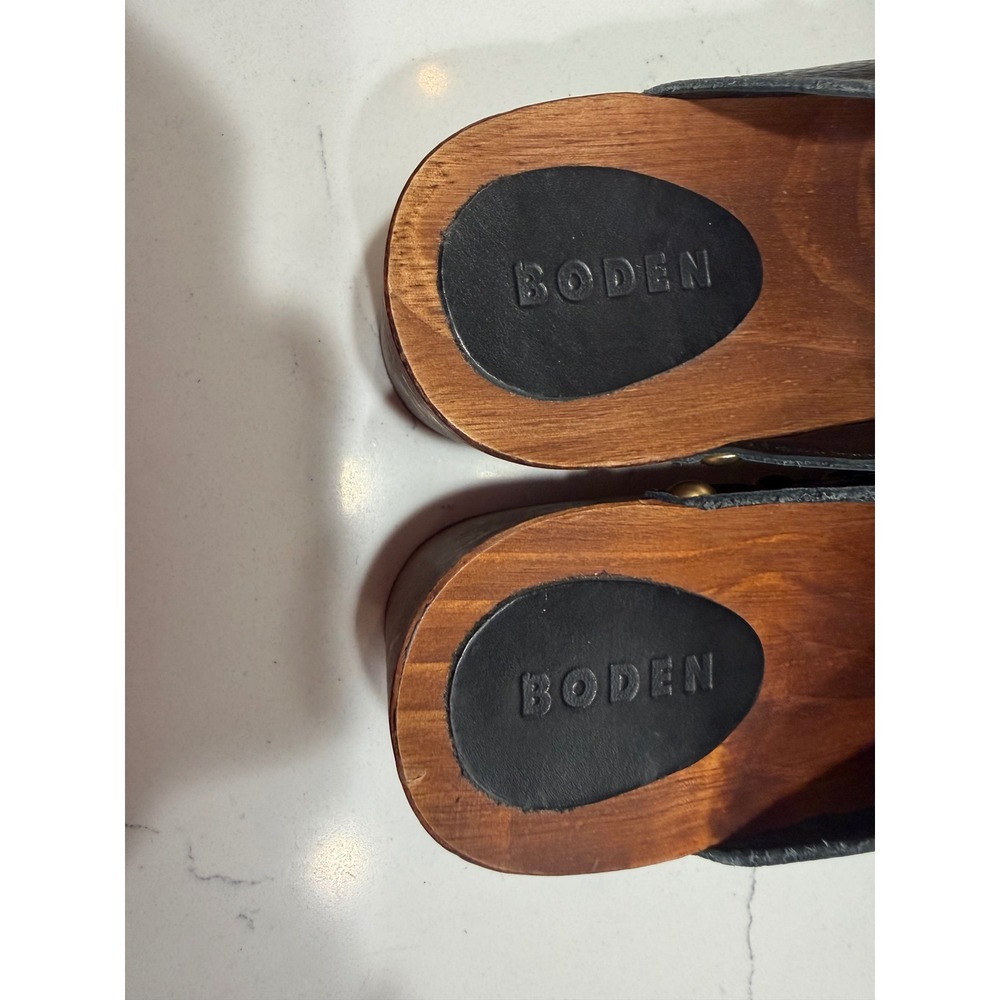 Boden Black Leather Iris Clogs Wooden Platform Studded Brass Mules Spain Size 38 - Picture 3 of 6